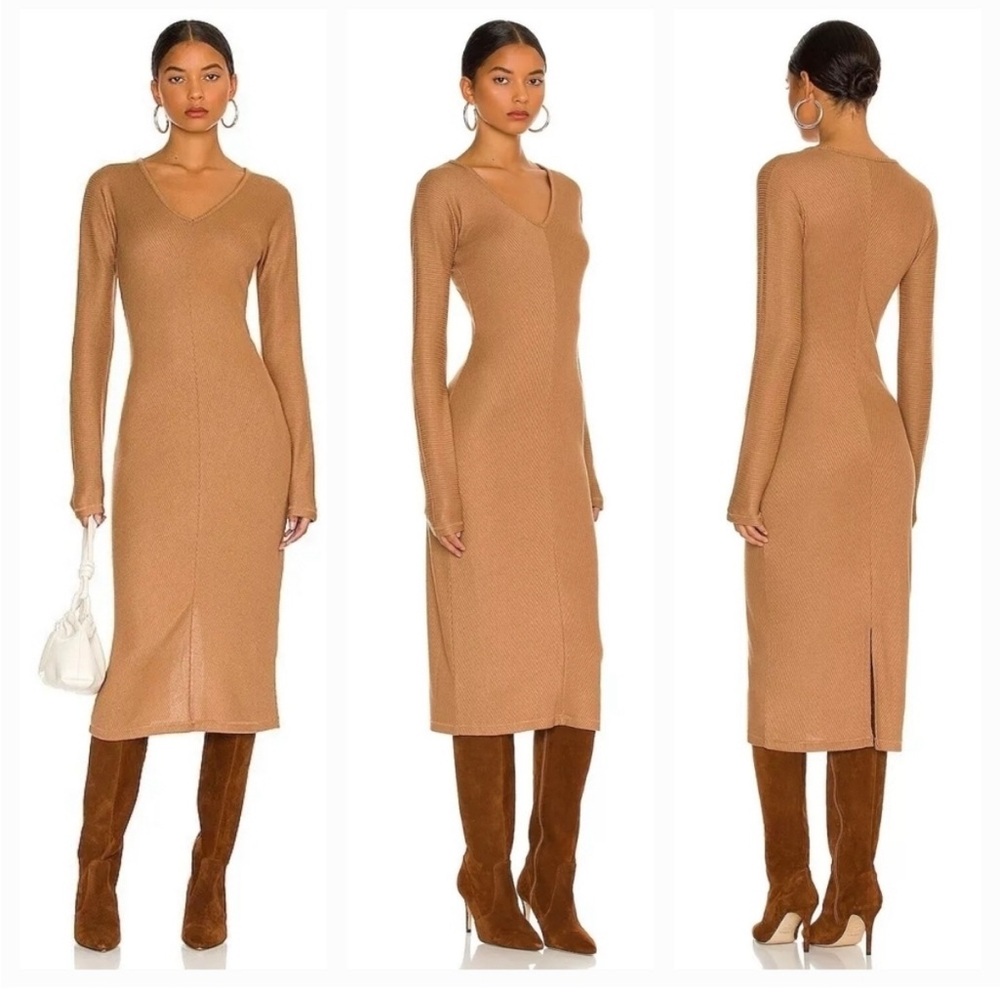 rag & bone Camel Ribbed V‑Neck Midi Dress